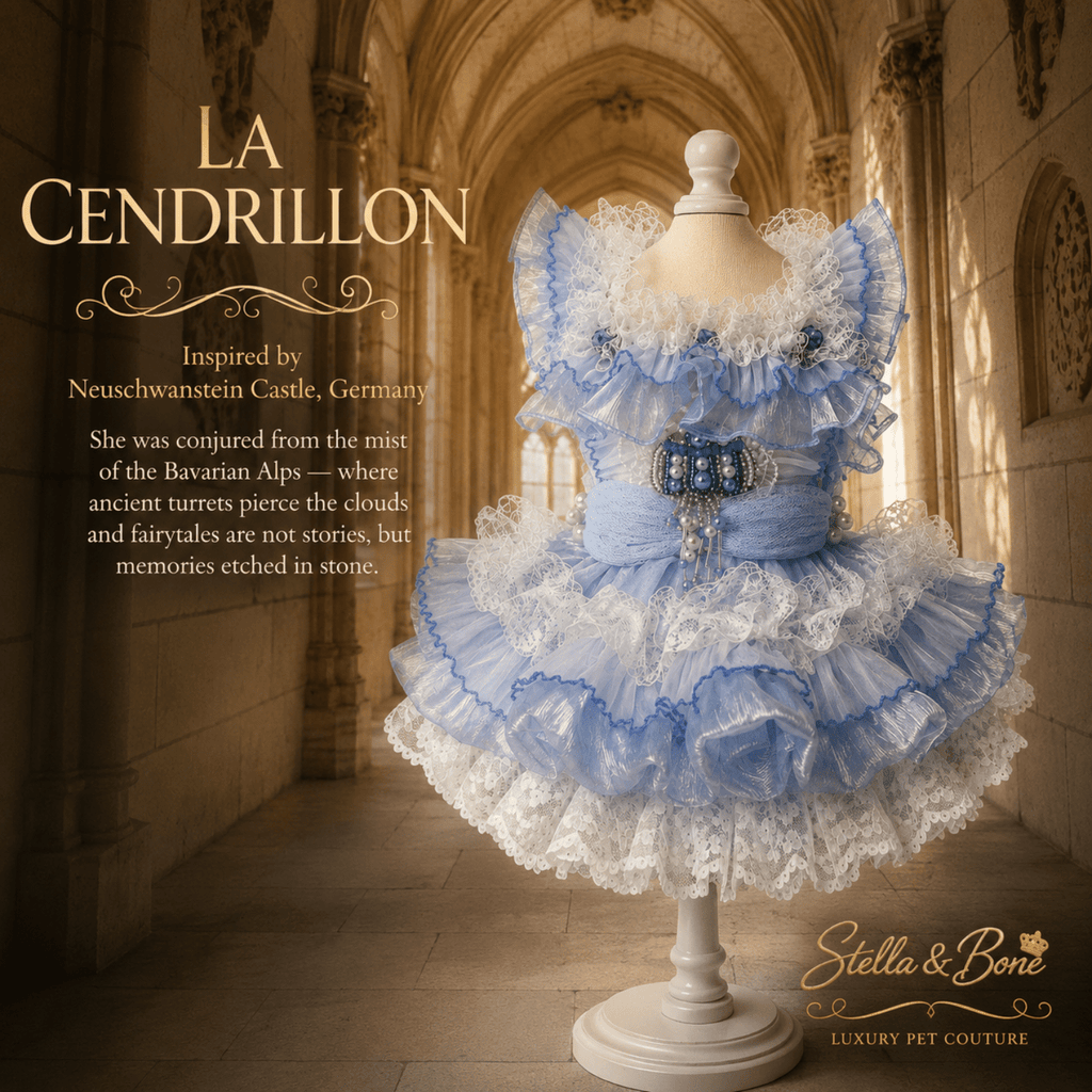 La Cendrillon blue satin lace dog dress on mannequin in castle hallway — fairytale wedding dress for small dogs and cats