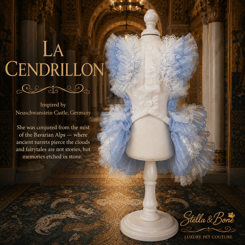 La Cendrillon blue ruffle lace dog dress back view on mannequin in palace ballroom — luxury special occasion pet dress