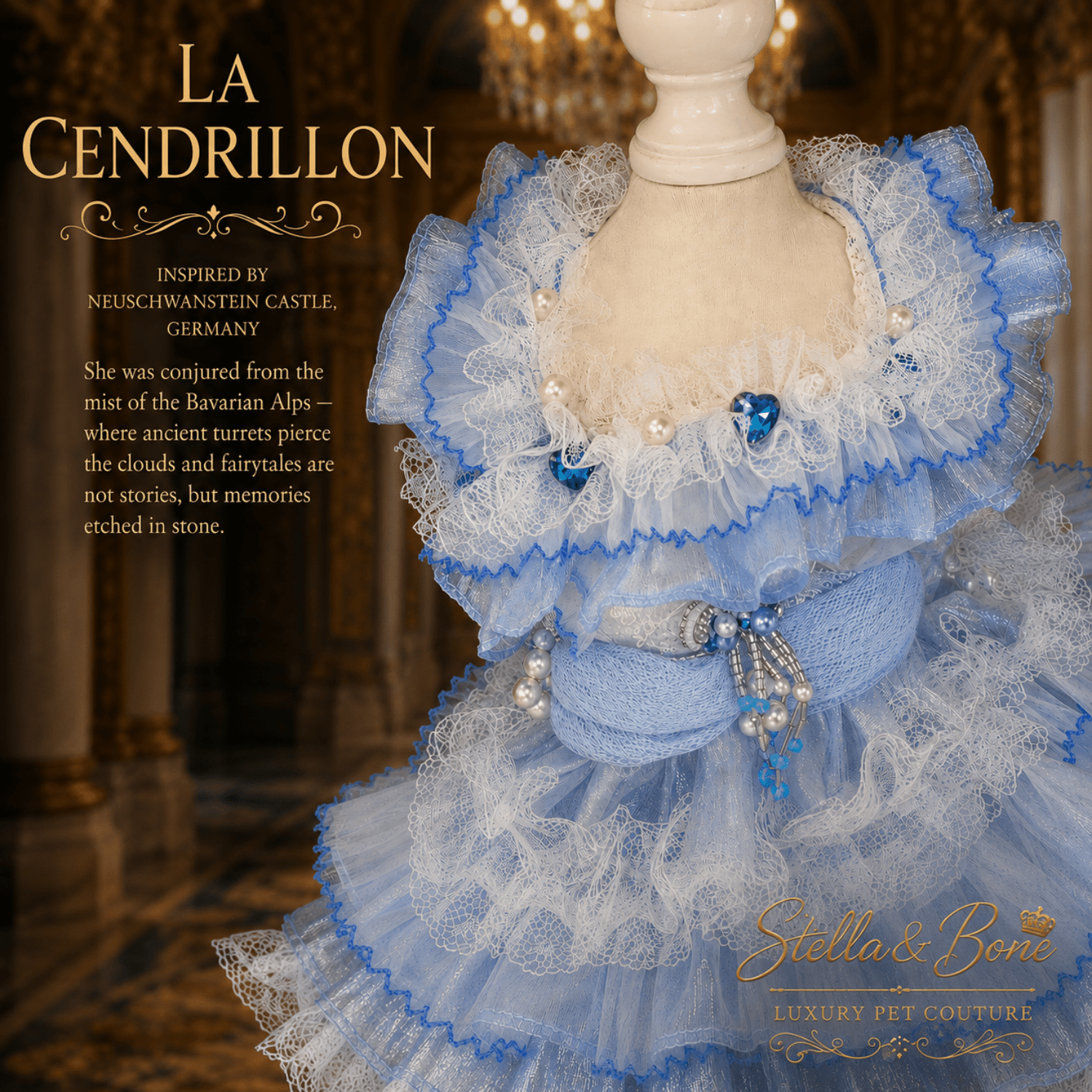 Close-up of La Cendrillon pet dress bodice with pearl bow blue gem hearts and lace ruffles for dogs and cats