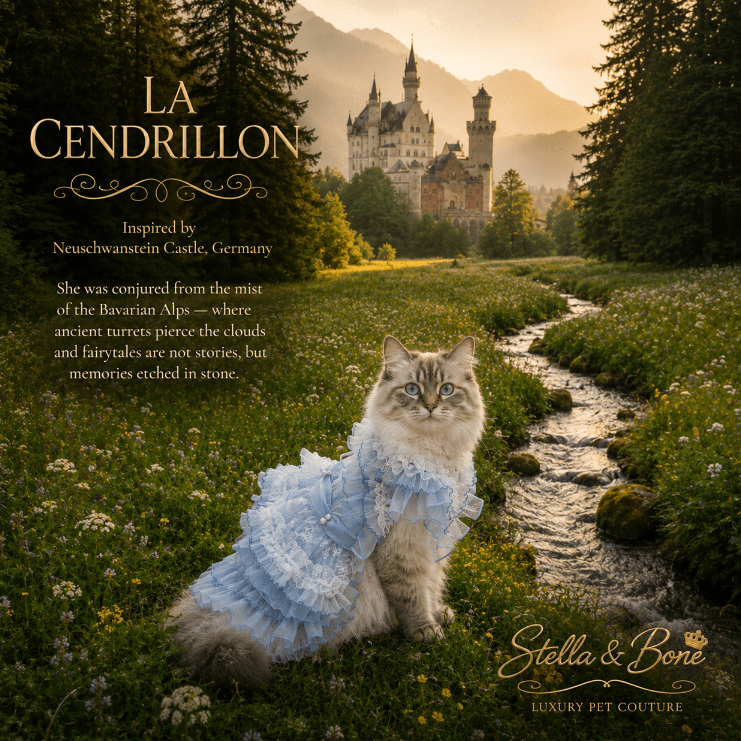 Cat wearing La Cendrillon blue lace satin dress at Neuschwanstein Castle — special occasion pet dress by Stella and Bone