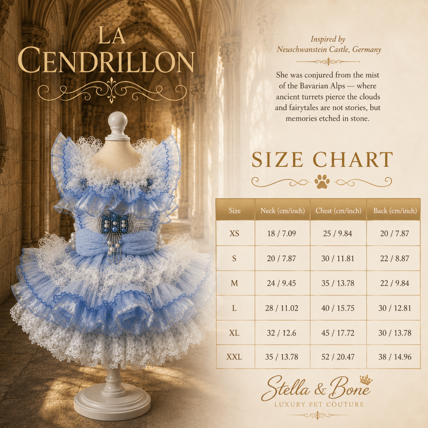 La Cendrillon blue lace pet dress for dogs and cats size chart XS to XXL neck chest and back in cm and inches
