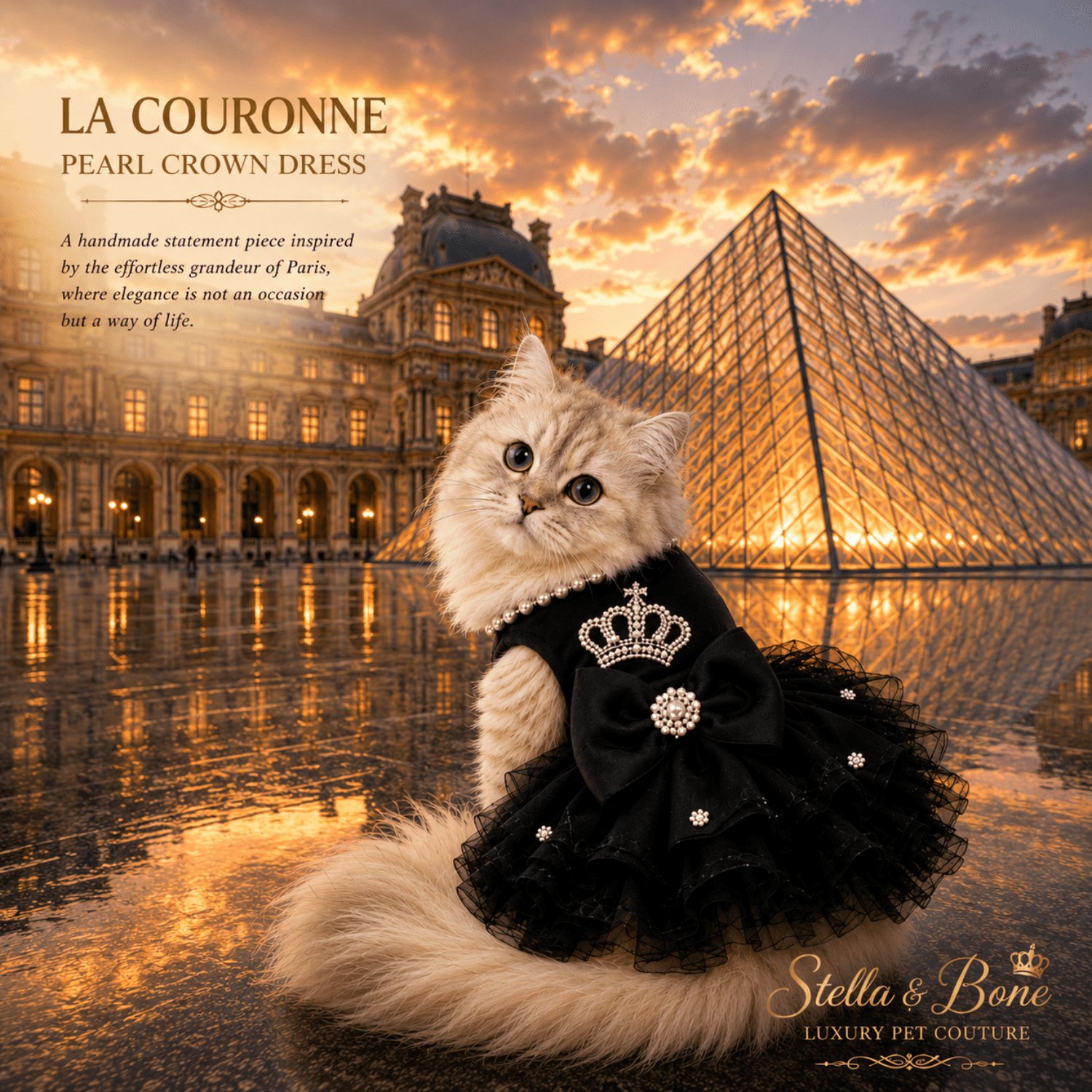La Couronne Pearl Crown Dress — luxury cat dress in black tulle with rhinestone crown at Louvre pyramid at dusk