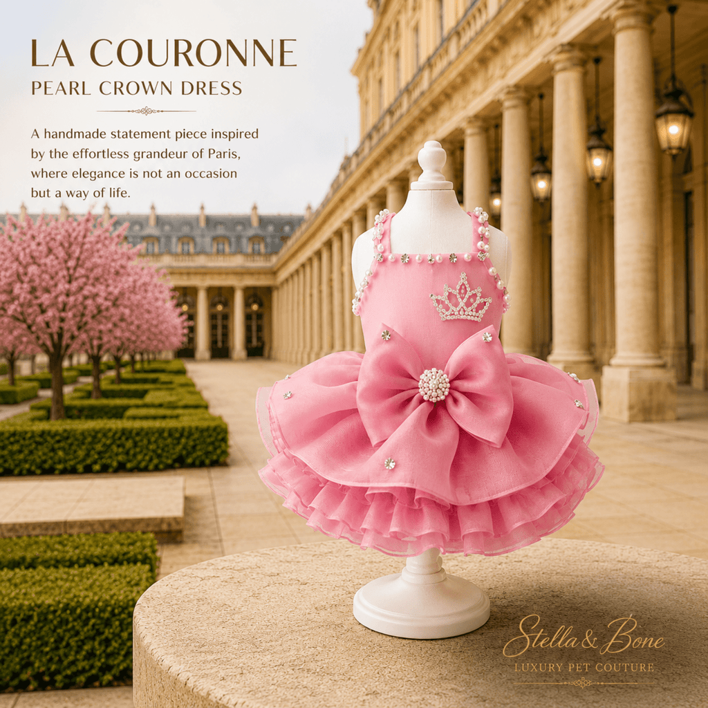 La Couronne Pearl Crown Dress — pink ruffle tutu dog dress with rhinestone crown on mannequin in Paris garden