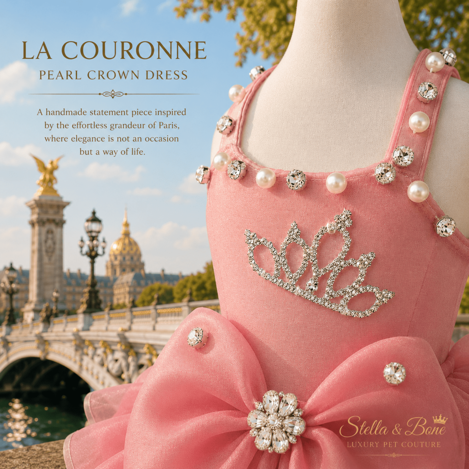 La Couronne Pearl Crown Dress — close-up of rhinestone crown emblem and pearl trim on pink dog dress, perfect for weddings