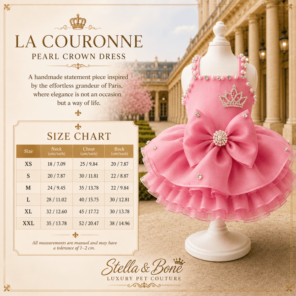 La Couronne Pearl Crown Dress — size chart XS to XXL for pink pearl crown dog dress by Stella and Bone