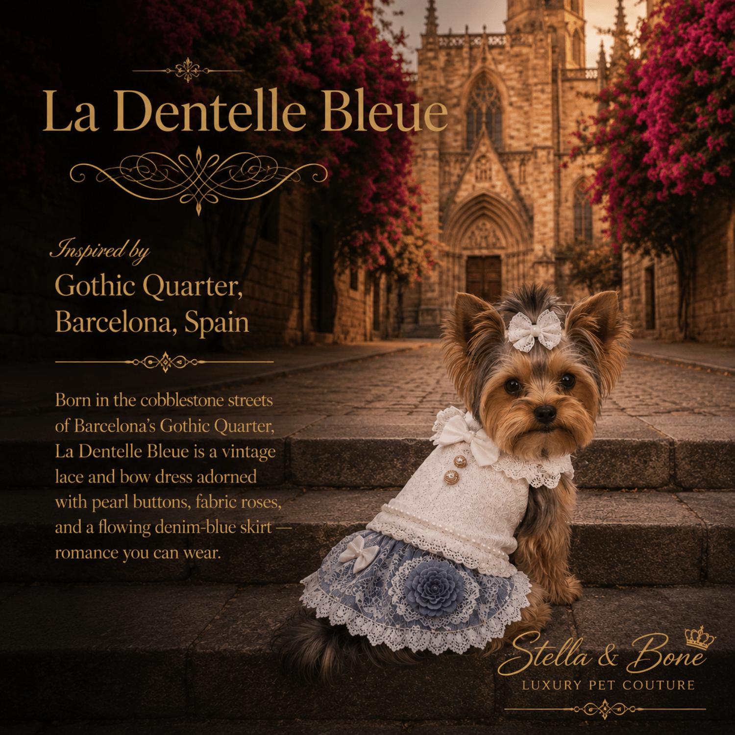 Yorkie in La Dentelle Bleue lace bow dress at Barcelona Gothic Quarter, perfect for garden weddings and birthday portraits