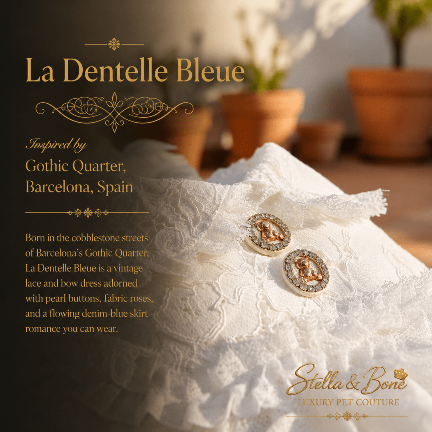 Close-up  detail of La Dentelle Bleue white lace bodice with gold cameo buttons, vintage dog dress