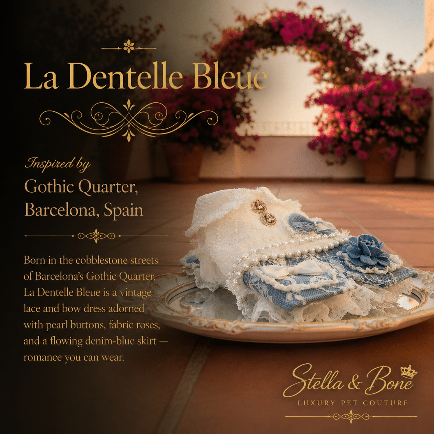 La Dentelle Bleue lace dog dress with blue rose and pearl trim — luxury garden wedding and birthday dog dress