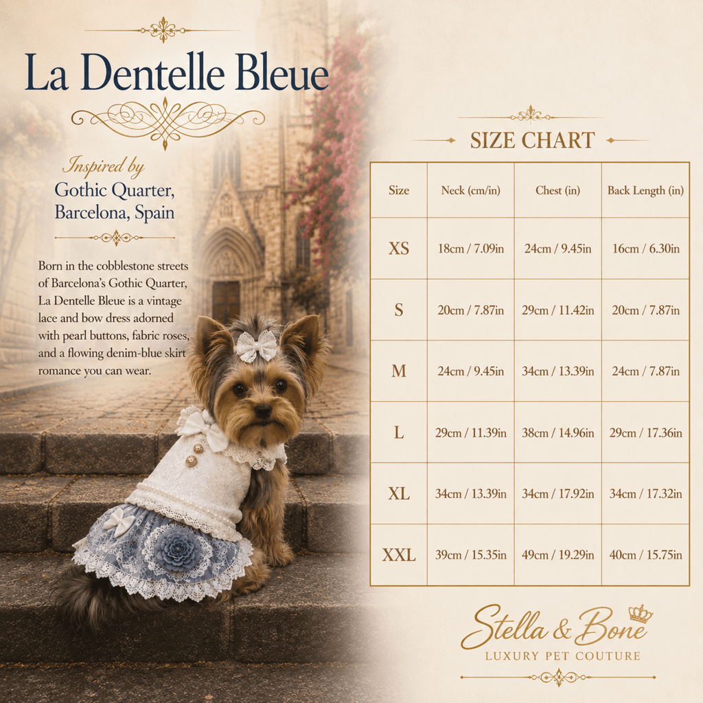 La Dentelle Bleue lace dog dress size chart XS to XXL neck chest and back — Stella and Bone