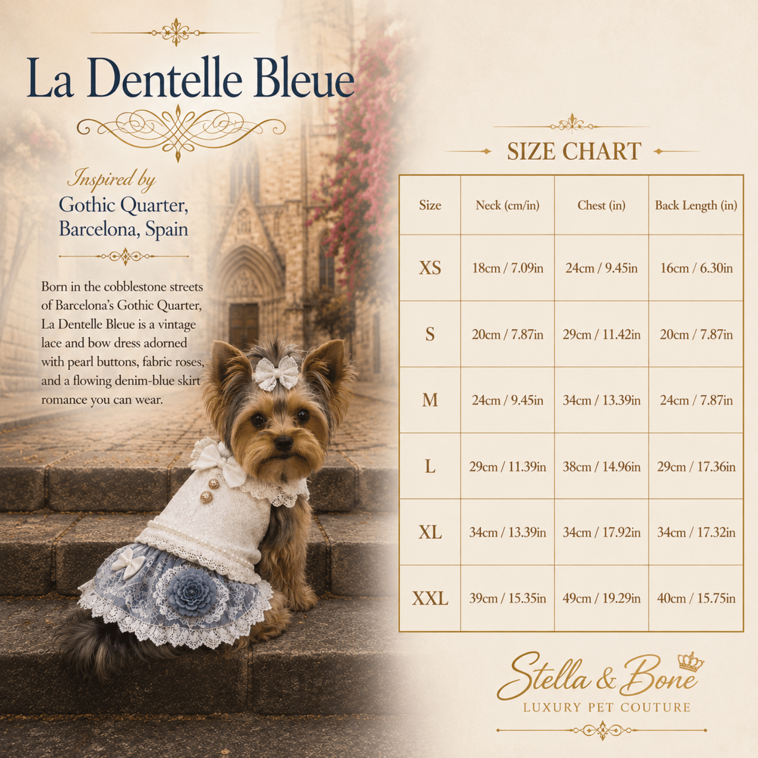 La Dentelle Bleue lace dog dress size chart XS to XXL neck chest and back — Stella and Bone