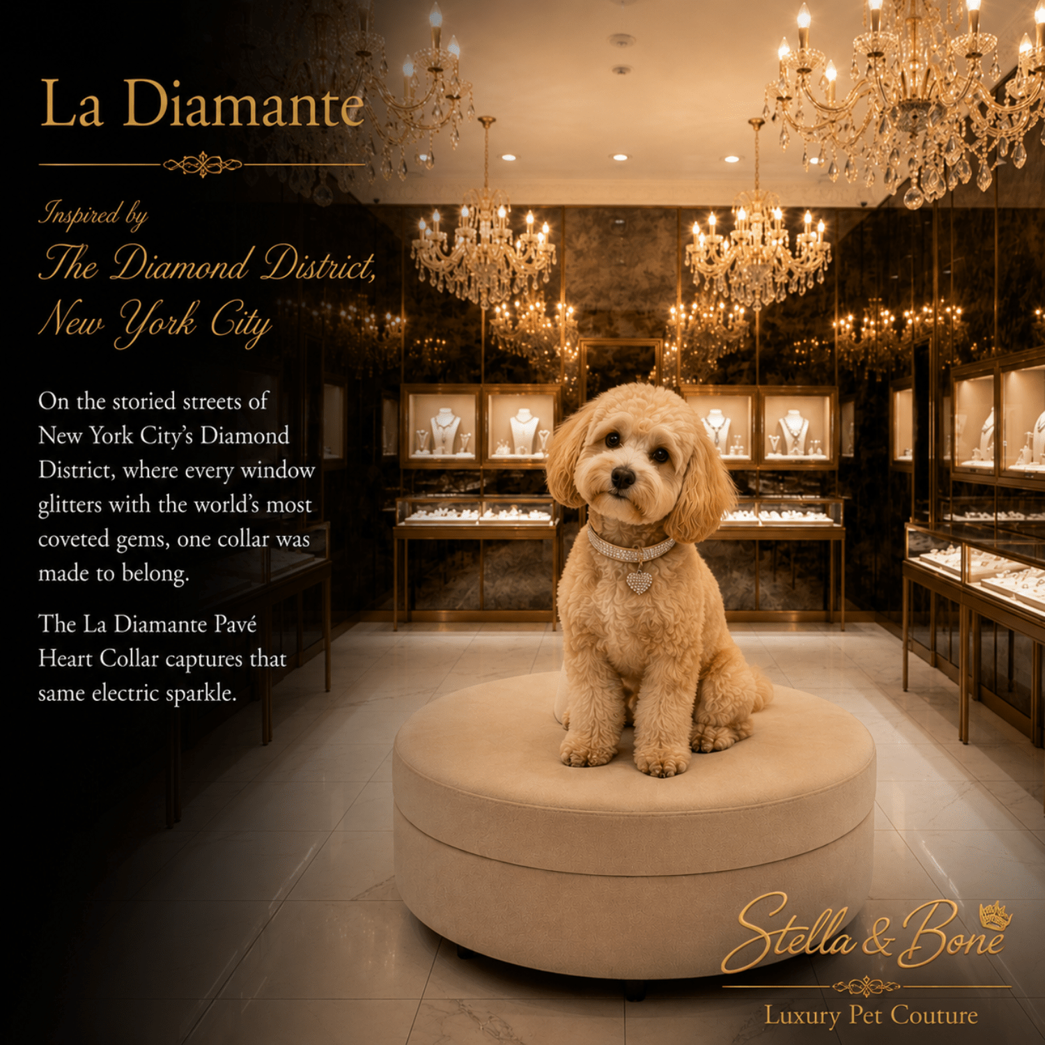 A dog wearing La Diamante, crystal encrusted band dog collar with pink pave heart charm in The Diamond District, New York.