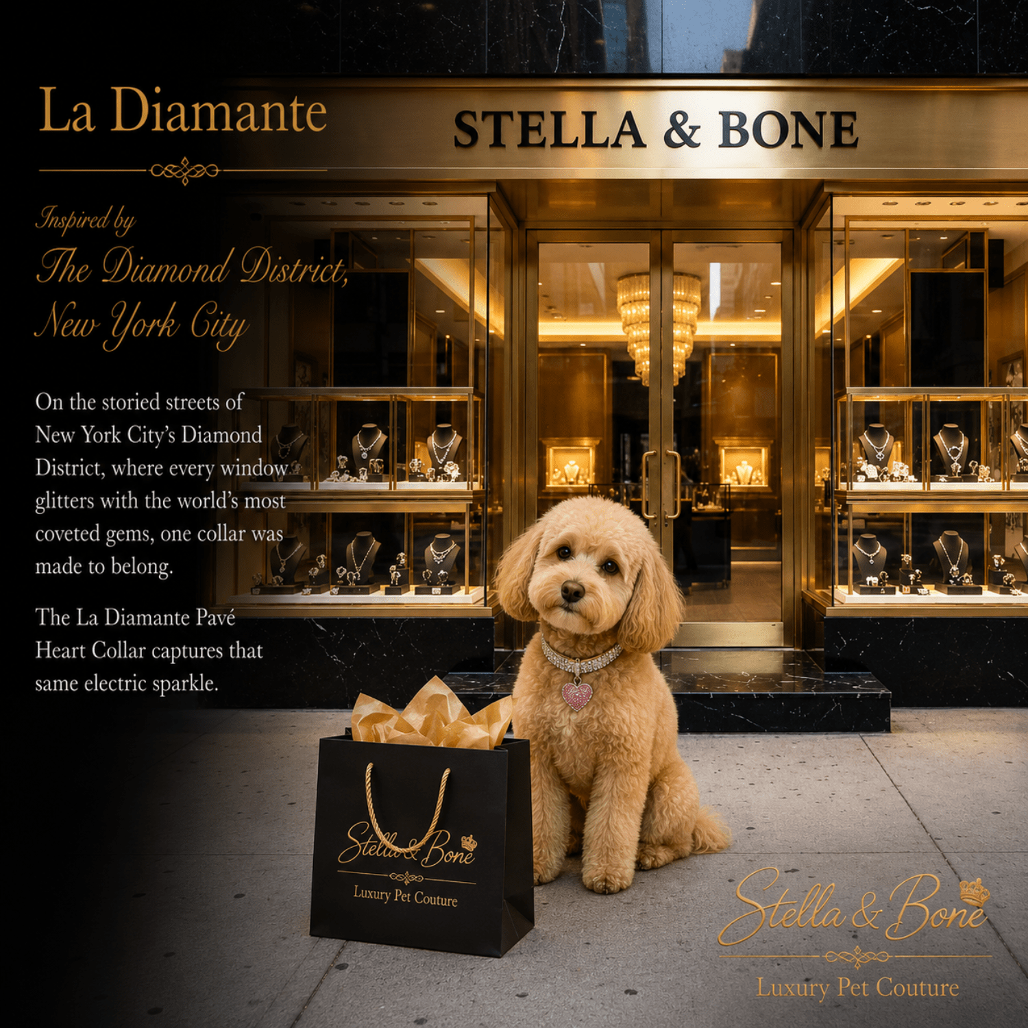 A small dog modeling La Diamante dog collar. Great for weddings, birthday, everyday wear, photoshoots
