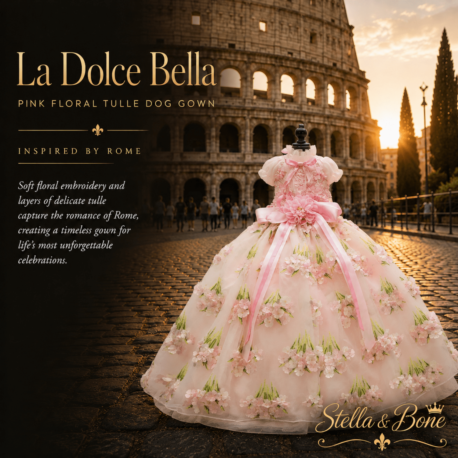 La Dolce Bella, dog gown inspired by Rome.  Soft pink tulle, 3D floral embroidery, large pink sash at the waist. Weddings