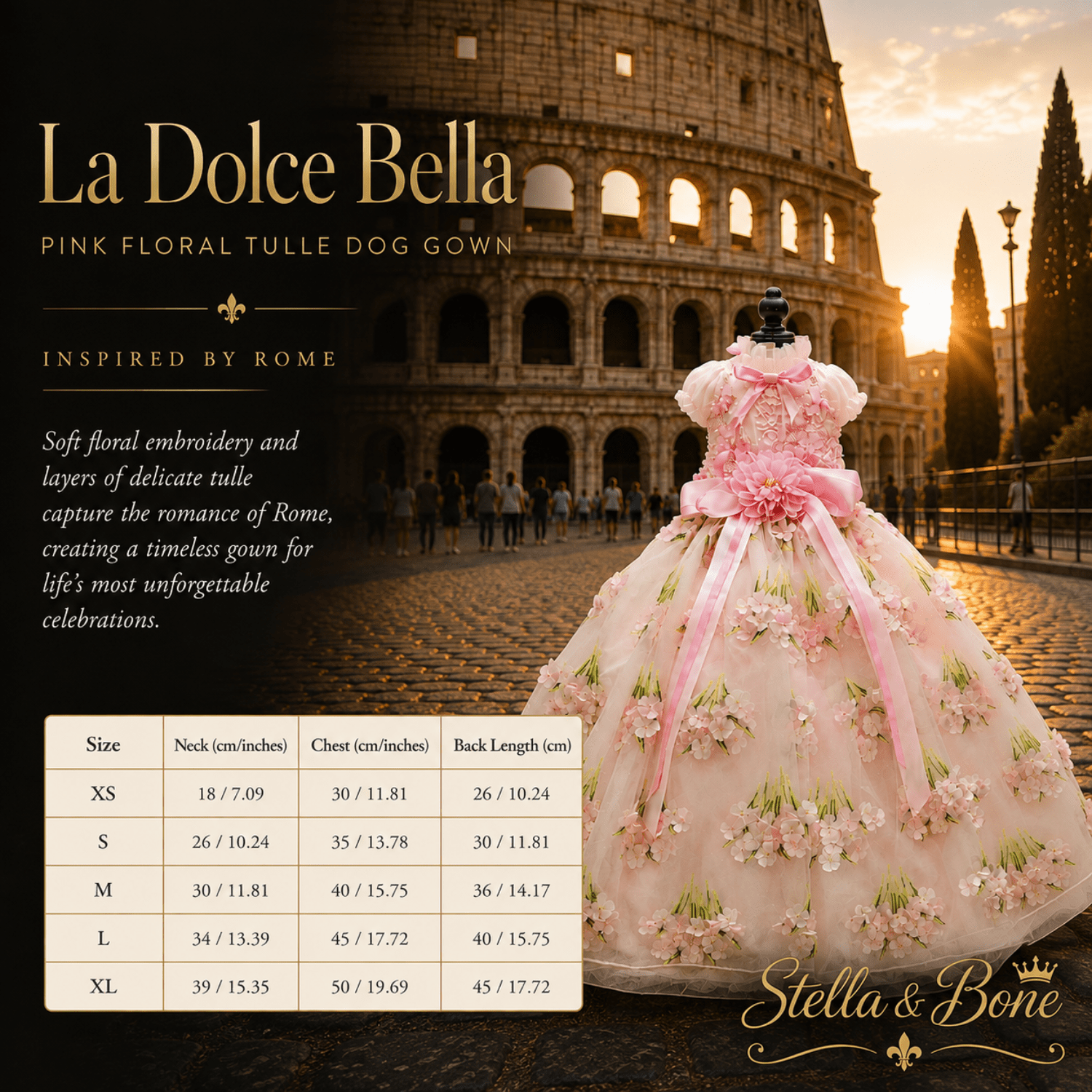 Pink floral tulle dog gown, La Dolce Bella displayed in front of the Roman Colosseum at sunset. Size Chart