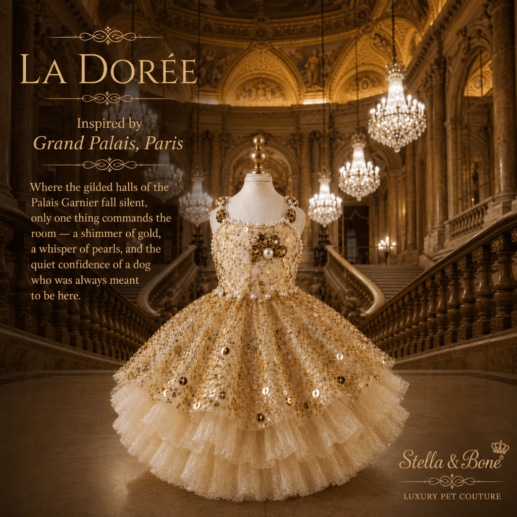 Formal pet gown, La Dorée at staircase in Grand Palais, Paris. Champagne beige, gold sequins, gold sequins. Great for wedding
