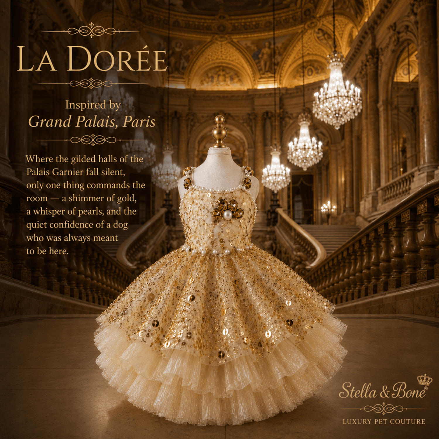 Formal pet gown, La Dorée at staircase in Grand Palais, Paris. Champagne beige, gold sequins, gold sequins. Great for wedding
