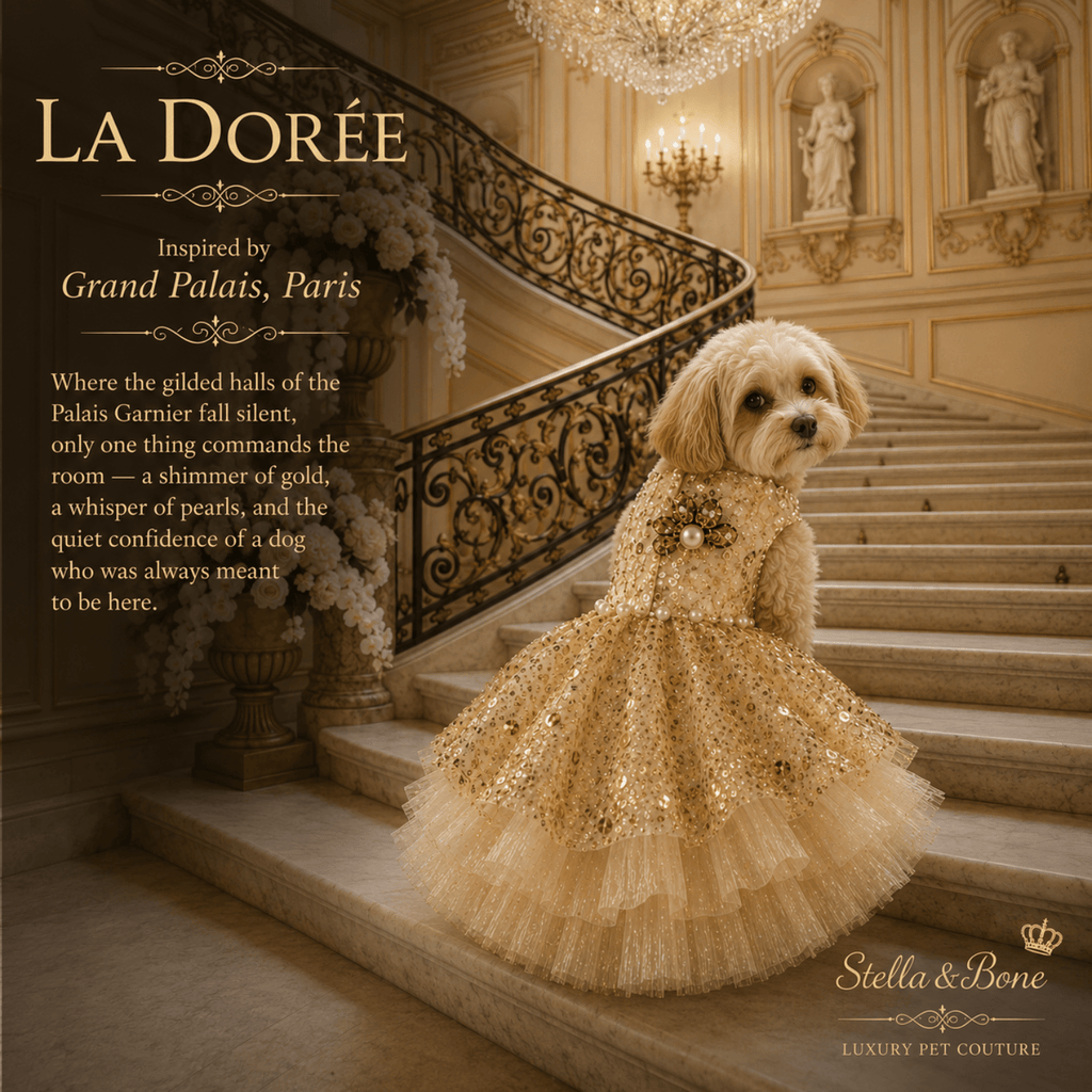 Dog stands on stairs wearing a glittering champagne-gold ball gown ,La Dorée. Great for weddings, birthday, photoshoots