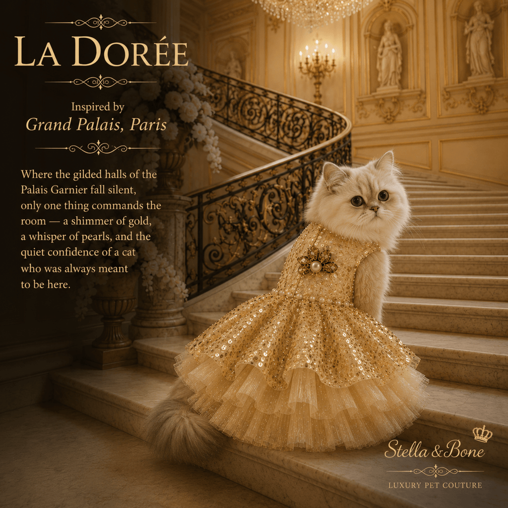 A fluffy cream-colored cat wearing La Dorée, an ornate gold sequined dress on a staircase at Grand Palais, Paris. Luxury