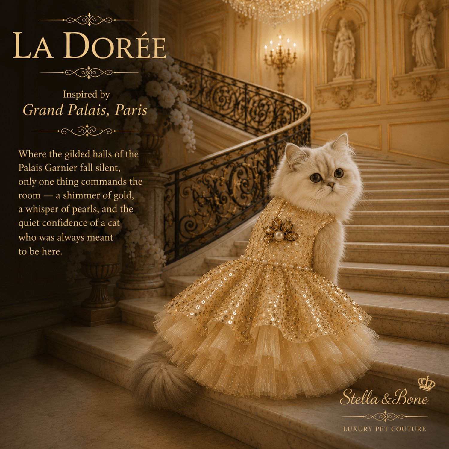 A fluffy cream-colored cat wearing La Dorée, an ornate gold sequined dress on a staircase at Grand Palais, Paris. Luxury