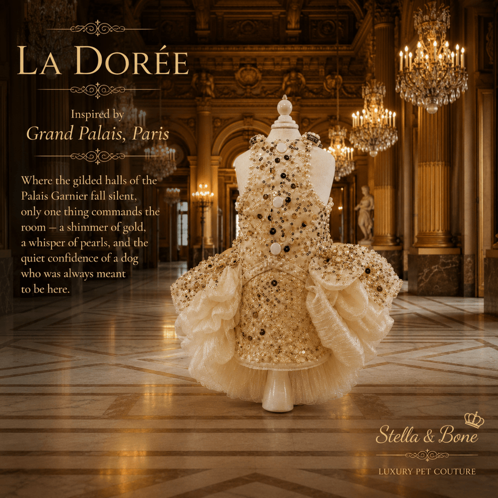 Back of La Dorée  in a luxurious interior hall with chandeliers and marble floors. Stella and Bone. Luxury Pet Couture