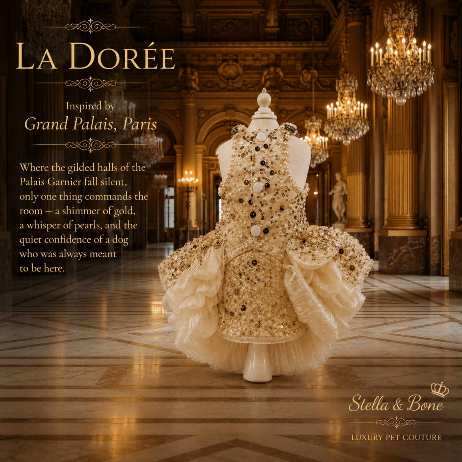 Back of La Dorée  in a luxurious interior hall with chandeliers and marble floors. Stella and Bone. Luxury Pet Couture