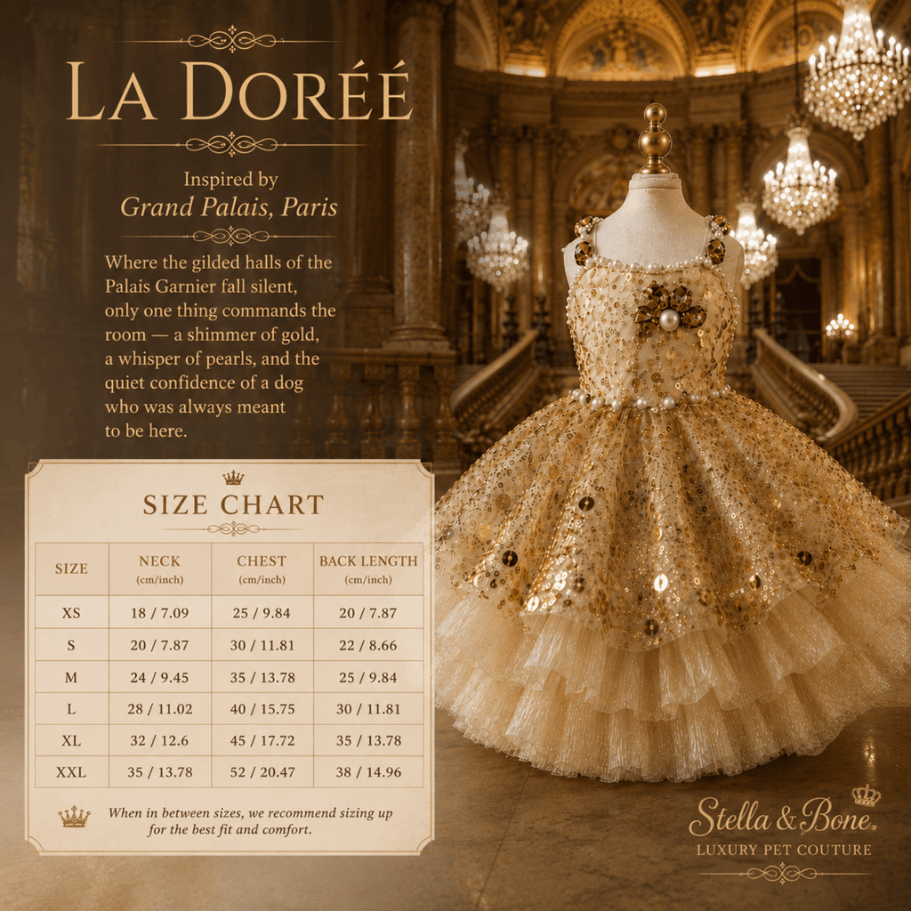 Size chart for La Dorée, formal pet ball gown displayed on a mannequin in an ornate golden interior in Paris. Stella and Bone