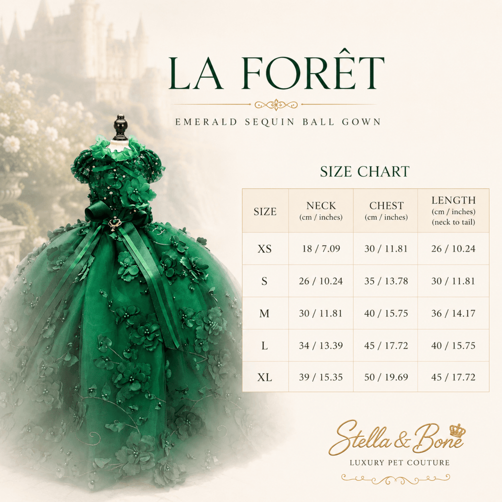Size chart for La Foret, Emerald Sequin Pet Ball Gown in sizes XS-SL and custom for a tailored fit.