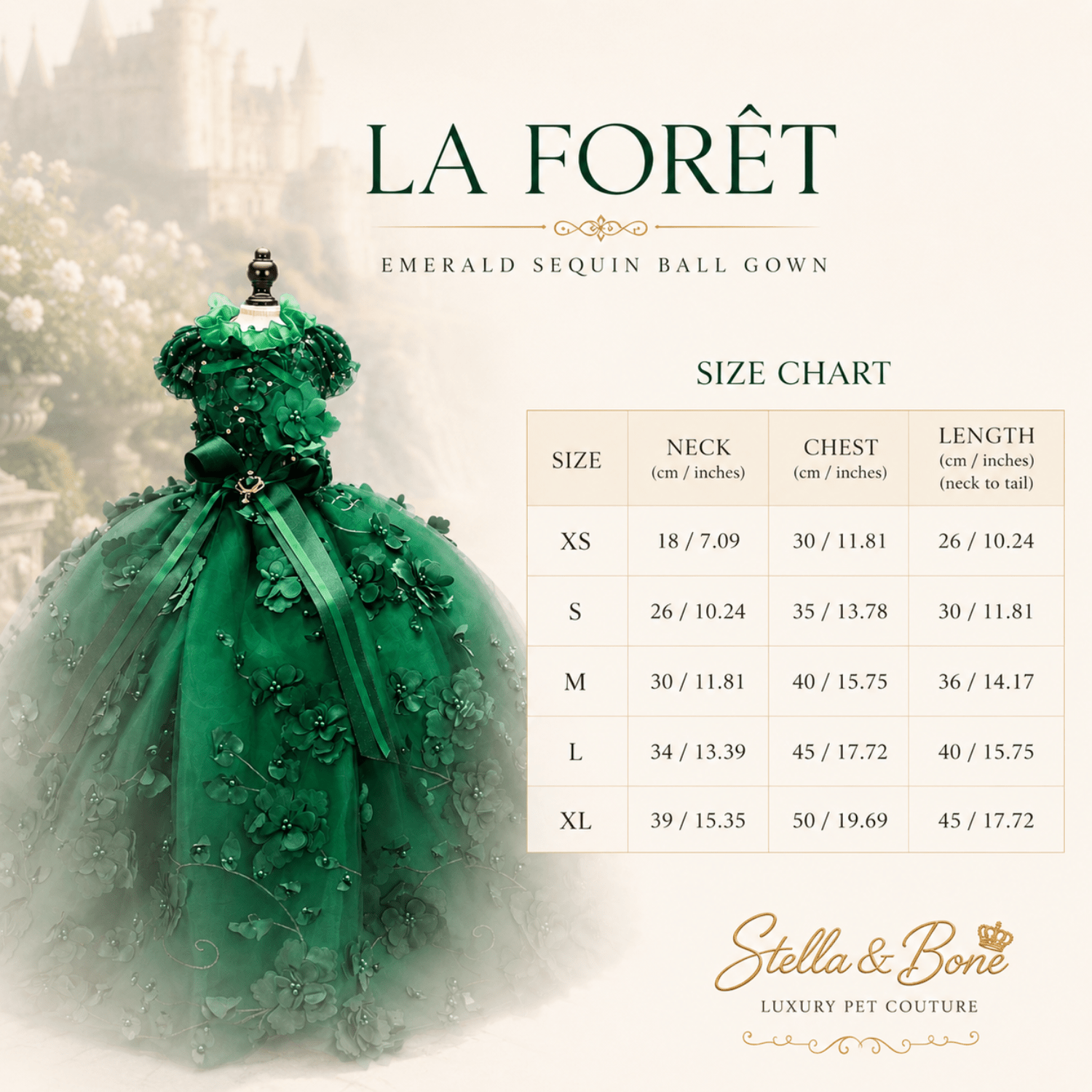 Size chart for La Foret, Emerald Sequin Pet Ball Gown in sizes XS-SL and custom for a tailored fit.