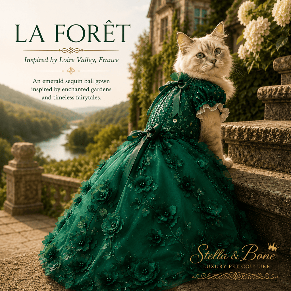 Cat wearing La Foret, an emerald green sequin pet ball gown in Loire Valley, France. Stella and Bone