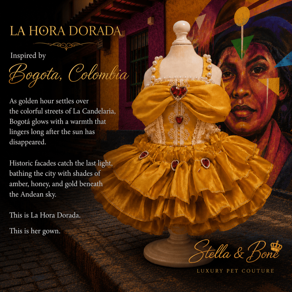 A yellow and white ruffled pet dress, La Hora Dorada, for birthdays and special occasion. Stella and Bone in Bogota, Colombia