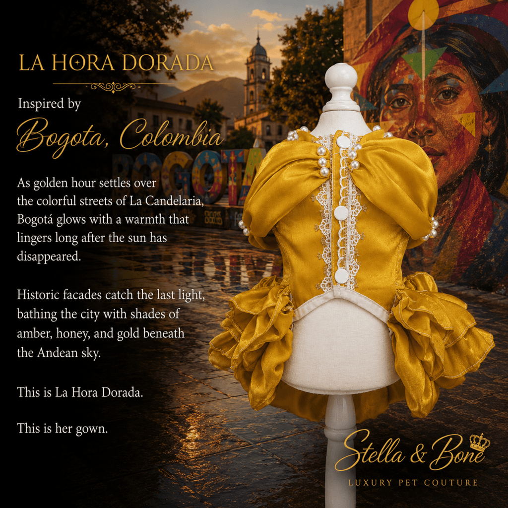 Back of yellow pet dress, La Hora Dorada, decorative lace trim and pearl-like accents down the front in Bogota, Colombia