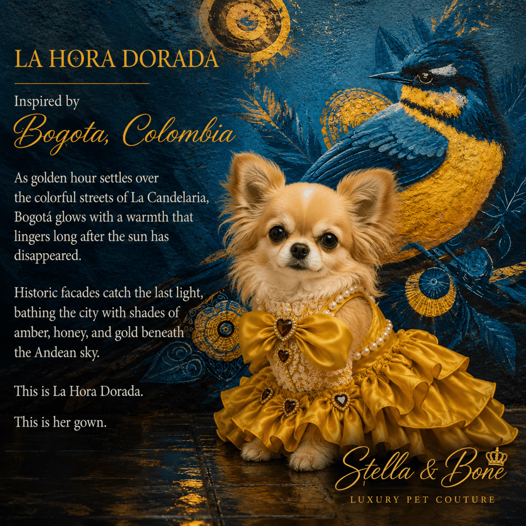 Chihuahua wearing La Hora Dorada, a shiny yellow ruffled dress with heart-shaped embellishments, Great for weddings, birthday