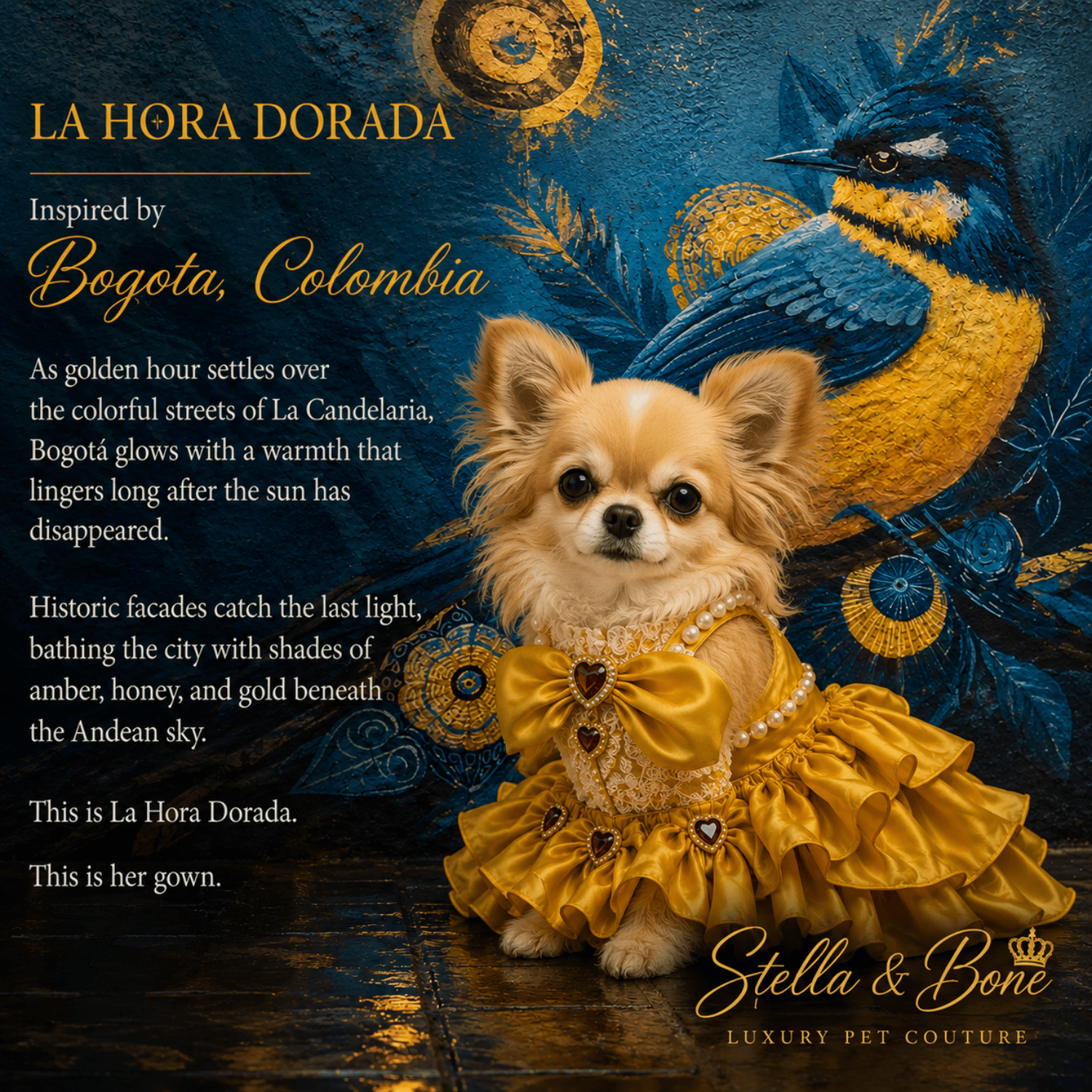 Chihuahua wearing La Hora Dorada, a shiny yellow ruffled dress with heart-shaped embellishments, Great for weddings, birthday