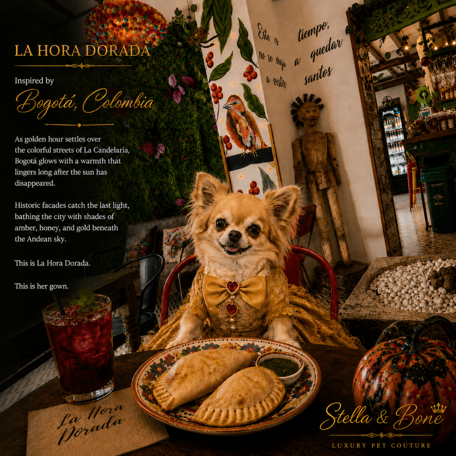 Chihuahua in La Hora Dorada gold dress and bow tie for quinceanera or birthday. Bogota Colombia