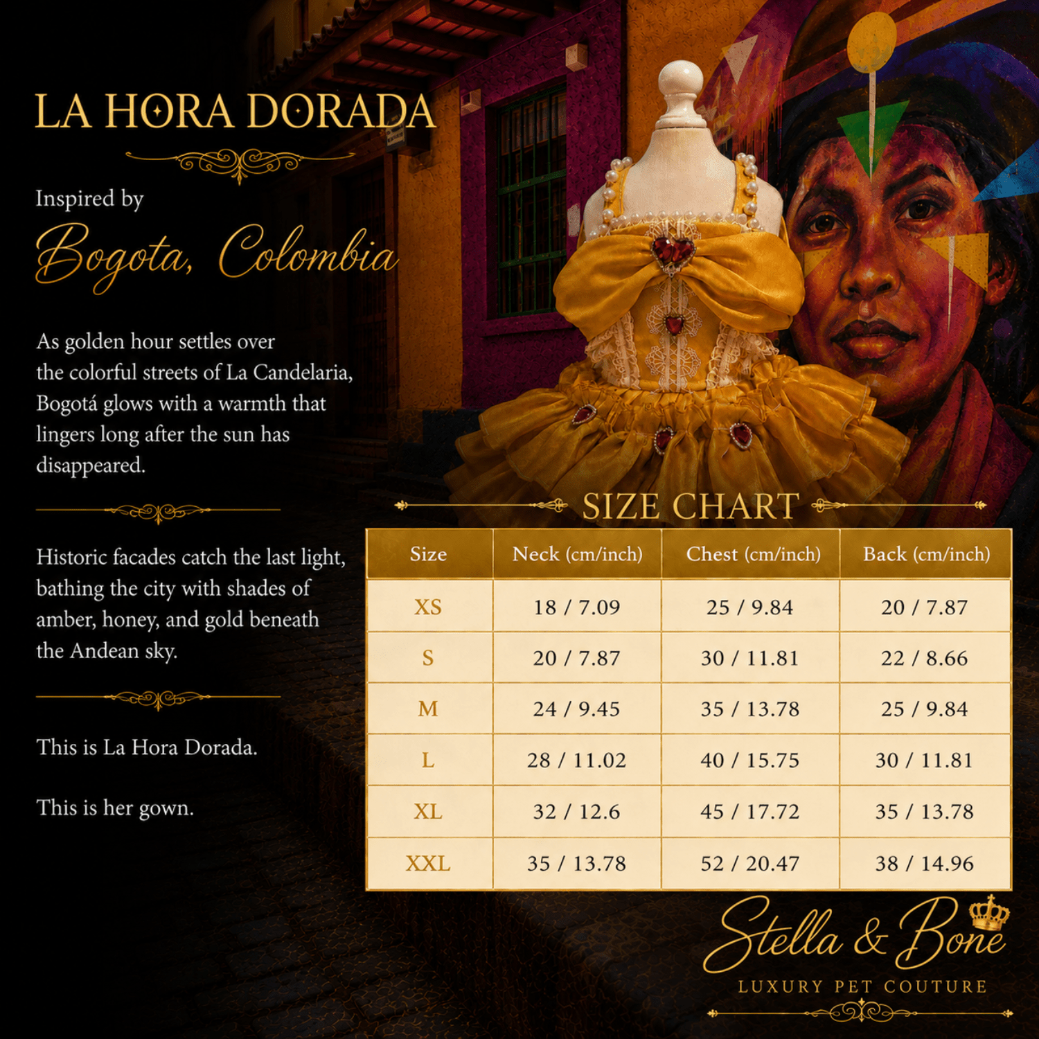 Size chart for La Hora Dorada luxury pet dress for birthdays and quinceanera. Bogota Colombia