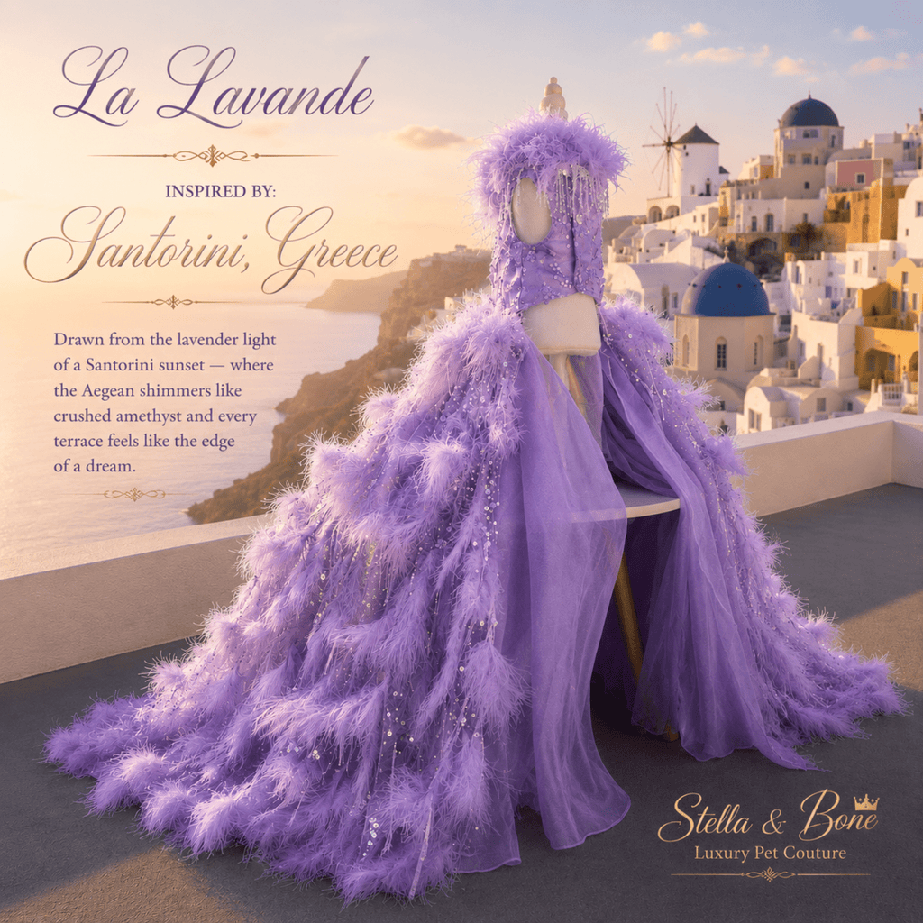 The back of La Lavande, a couture dog gown with cascading feathers and crystal trim along the Santorini sunset.