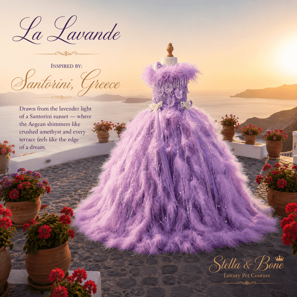 La Lavande, luxury feather couture dog gown with crystal fringe, pearl accents & floral appliques. Inspired by Santorini.