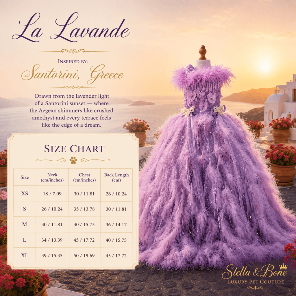 Size chart for La Lavande, a luxury dog gown - XS-XL and custom for a tailored fit. Inspired by Santorini