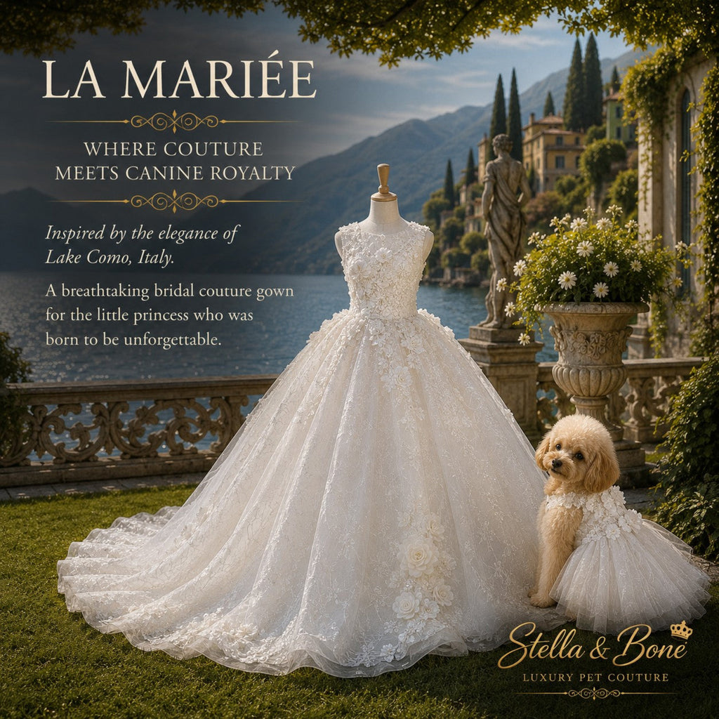 La Mariee bridal couture dog gown on mannequin at Lake Como Italy — white lace wedding gown for dogs