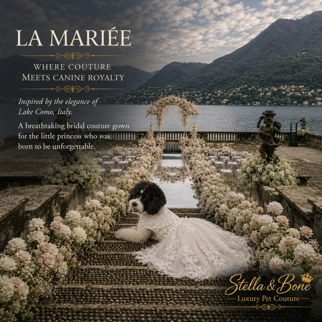 Black and white Doodle in La Mariee white lace dog wedding gown at Lake Como ceremony — bridal dog gown with train