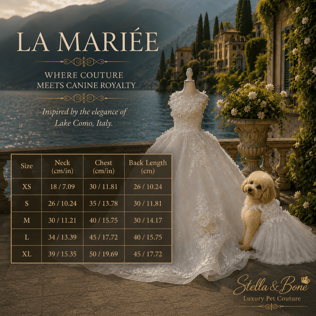 La Mariee bridal dog gown size chart XS to XL — neck chest and back length in cm and inches at Lake Como Italy