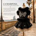 La Mariposa, black butterfly rhinestone embellished pet dress, fluffy black faux fur collar, glittery bodice. Special