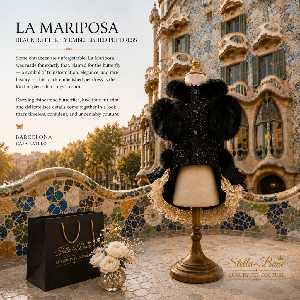 La Mariposa, Black butterfly embellished pet dress. Luxury pet photoshoot props
