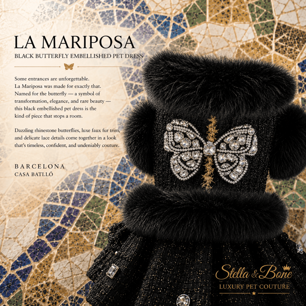 Close up of La Mariposa, luxury black pet dress, large embroidered butterfly motif on the front, black faux fur collar.