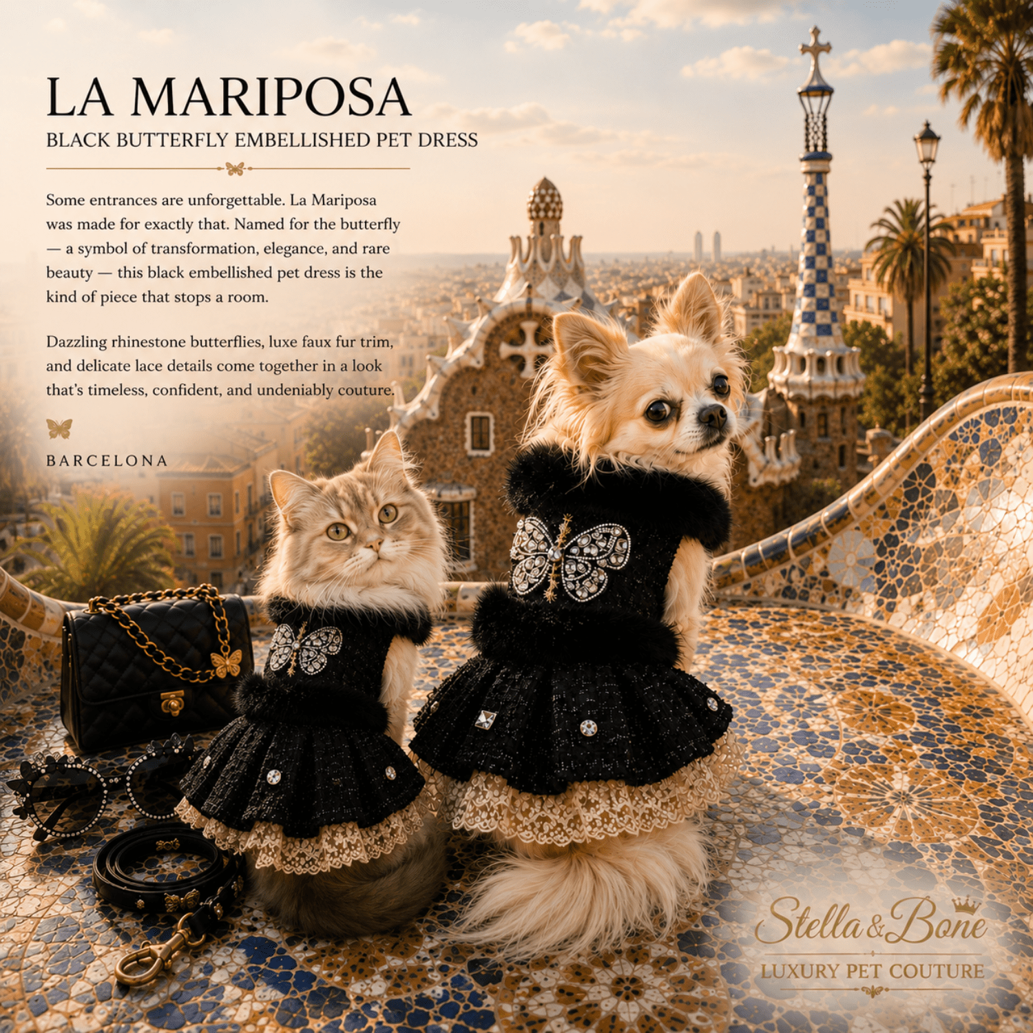 Dog and cat on a mosaic outdoor terrace wearing La Mariposa, matching black pet dresses with butterfly embellishments. 