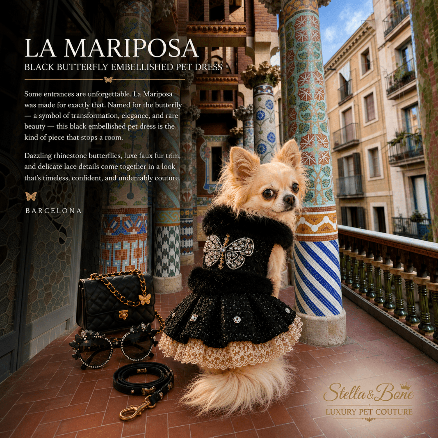 La Mariposa black butterfly, rhinestones. Designer dog dress for the boujee pet. Luxury pet boutique online