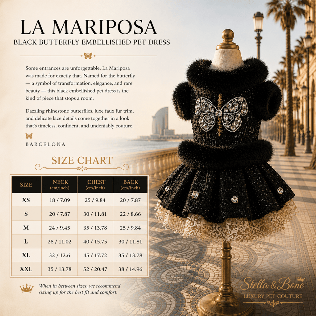 La Mariposa size chart black butterfly embellished pet dress XS-XXL and custom sizing for the tailored fit.