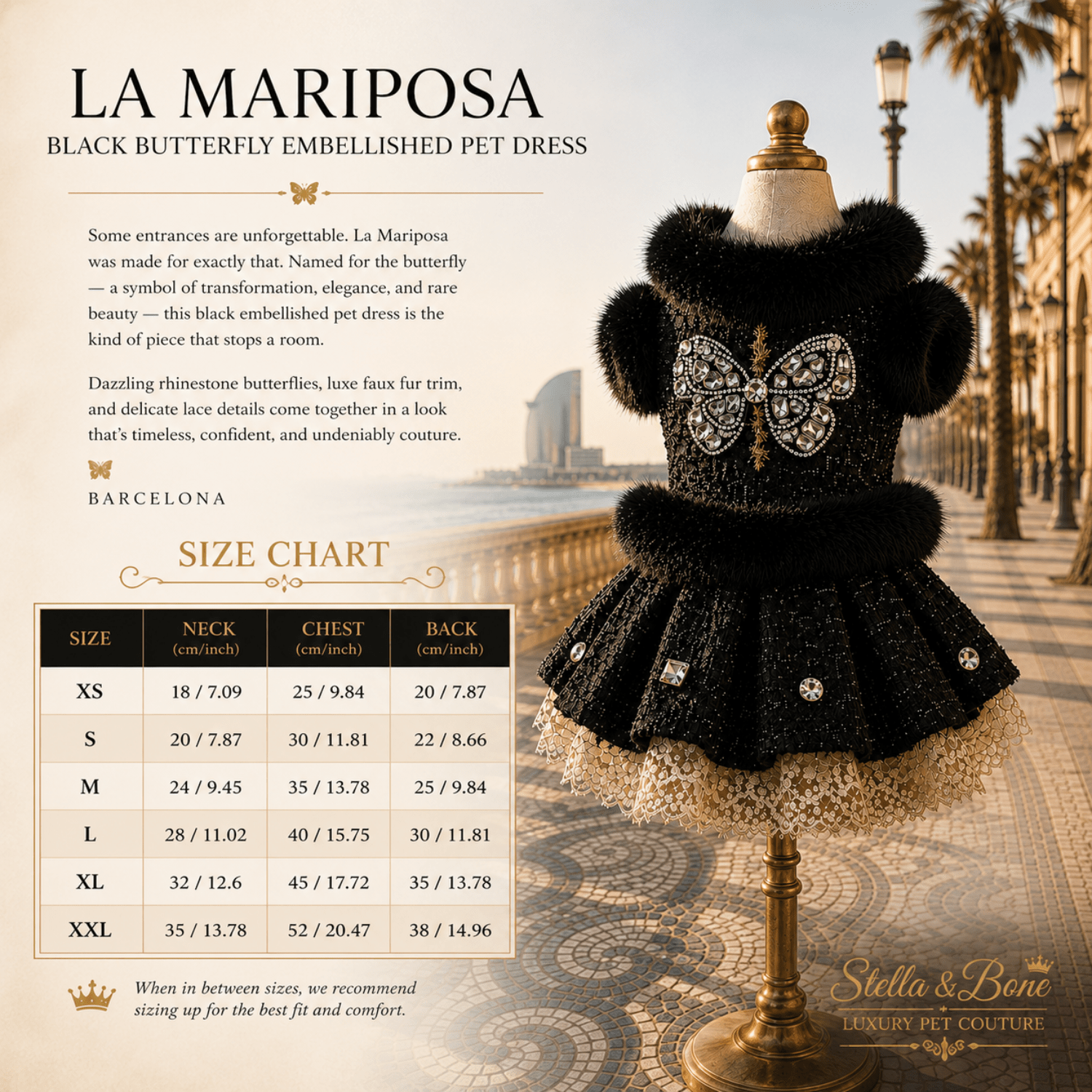 La Mariposa size chart black butterfly embellished pet dress XS-XXL and custom sizing for the tailored fit.