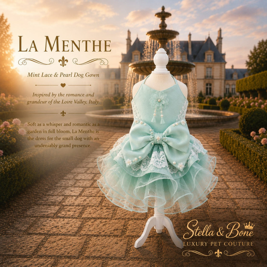 La Menthe mint lace pearl dog gown – soft mint satin bodice with halter neckline and white lace rose trim