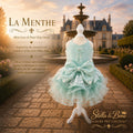 La Menthe mint lace pearl dog gown – soft mint satin bodice with halter neckline and white lace rose trim